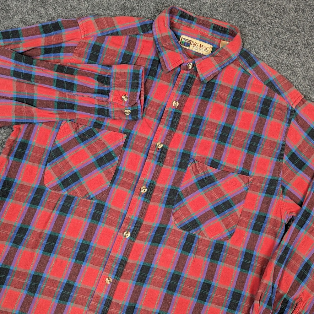 Big Mac Mens Red Plaid Flannel Button Down Shirt Long Sleeve 100% Cotton LT